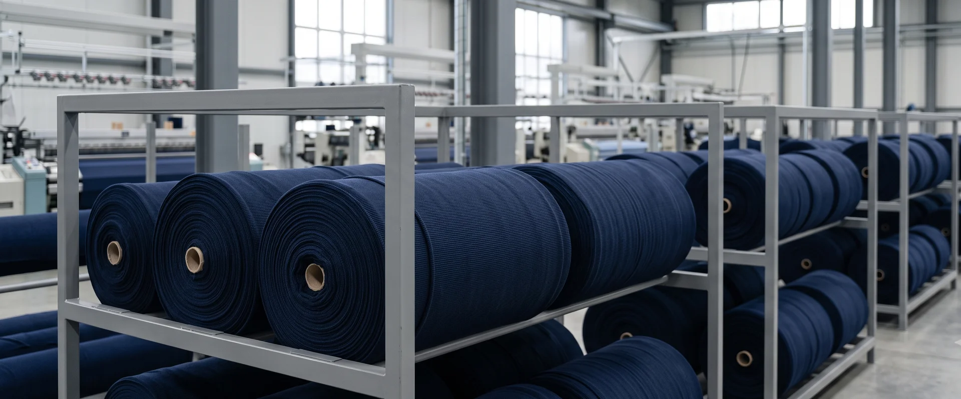 Deep navy knit fabric rolls staged for shipment at the Poongjin TFC mill